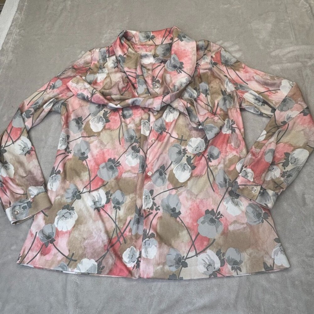 Vtg 80s Style-air Dallas Button Blouse Neck Tie Floral Long Sleeve mullticolor L